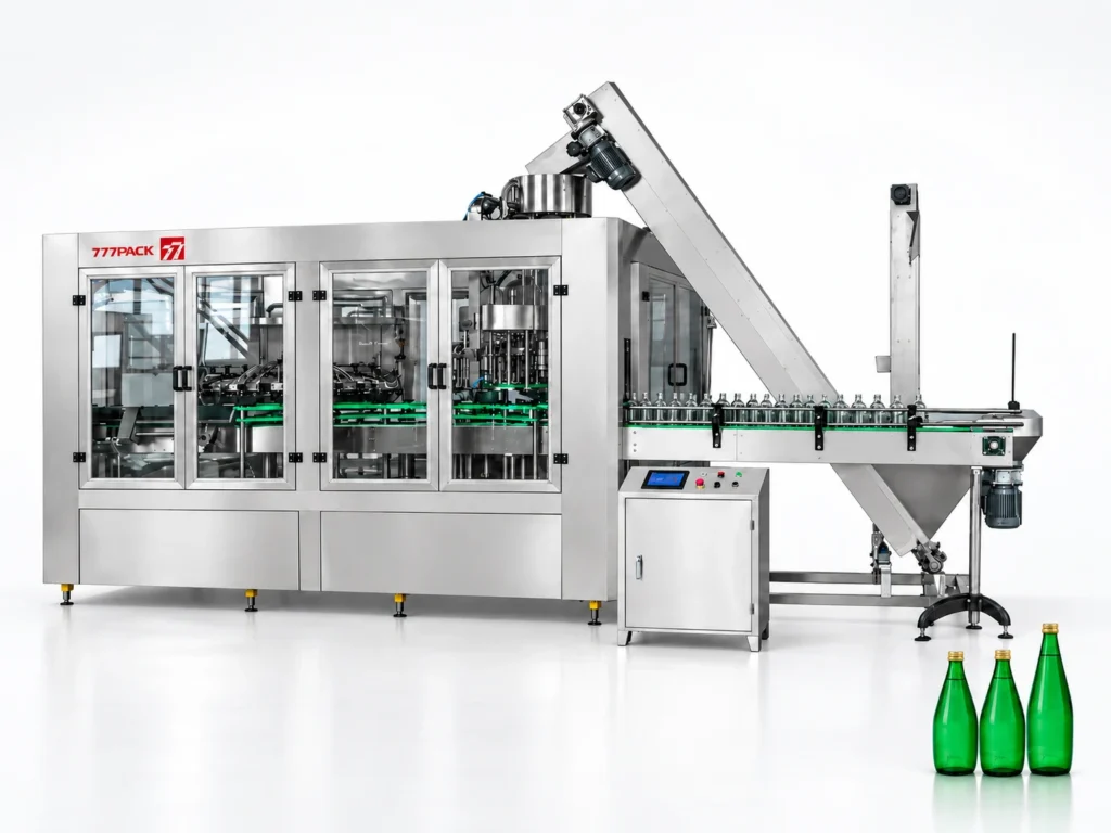 777Pack XGX glass bottle water filling machine with three green glass water bottles