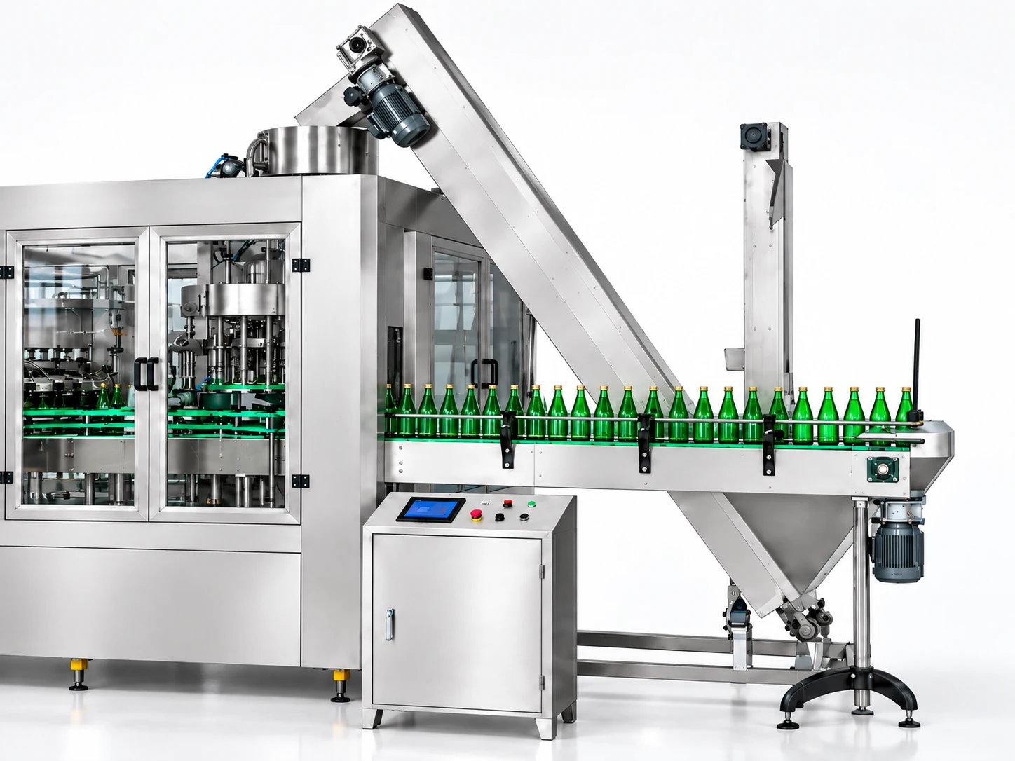 XGX glass bottle water filling machine cap feeder and conveyor with green glass bottles
