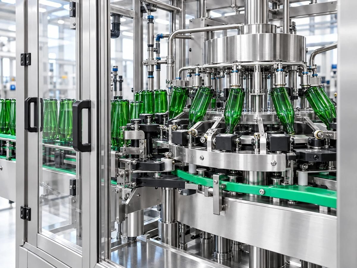 XGX glass bottle water filling machine rotary rinsing section with inverted green glass bottles