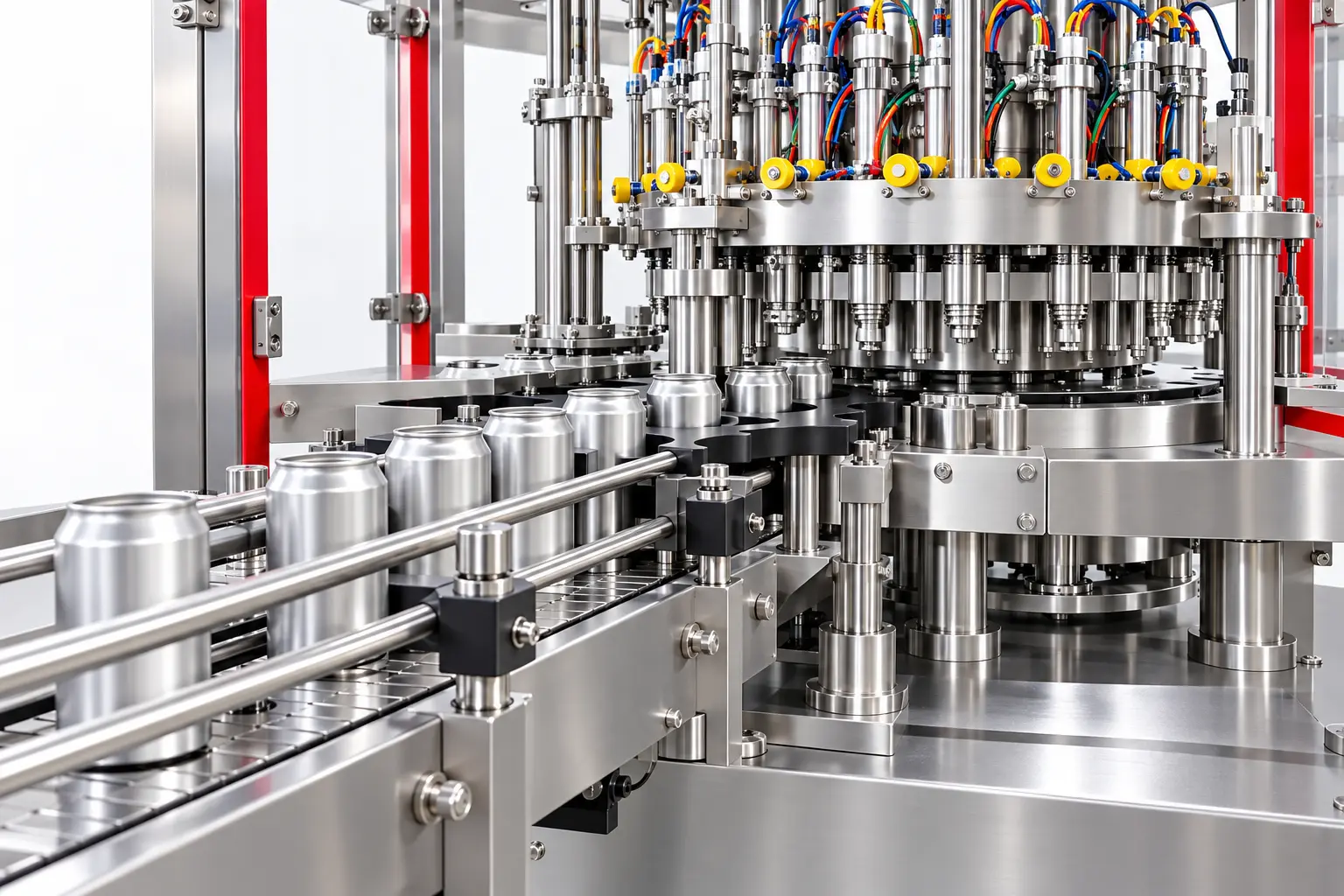 Aluminum beverage cans entering the TYLG filling machine by conveyor and starwheel