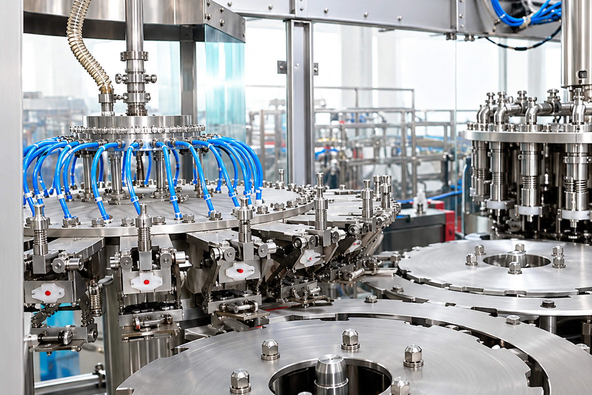 Rotary PET bottle rinsing section with neck-handling grippers