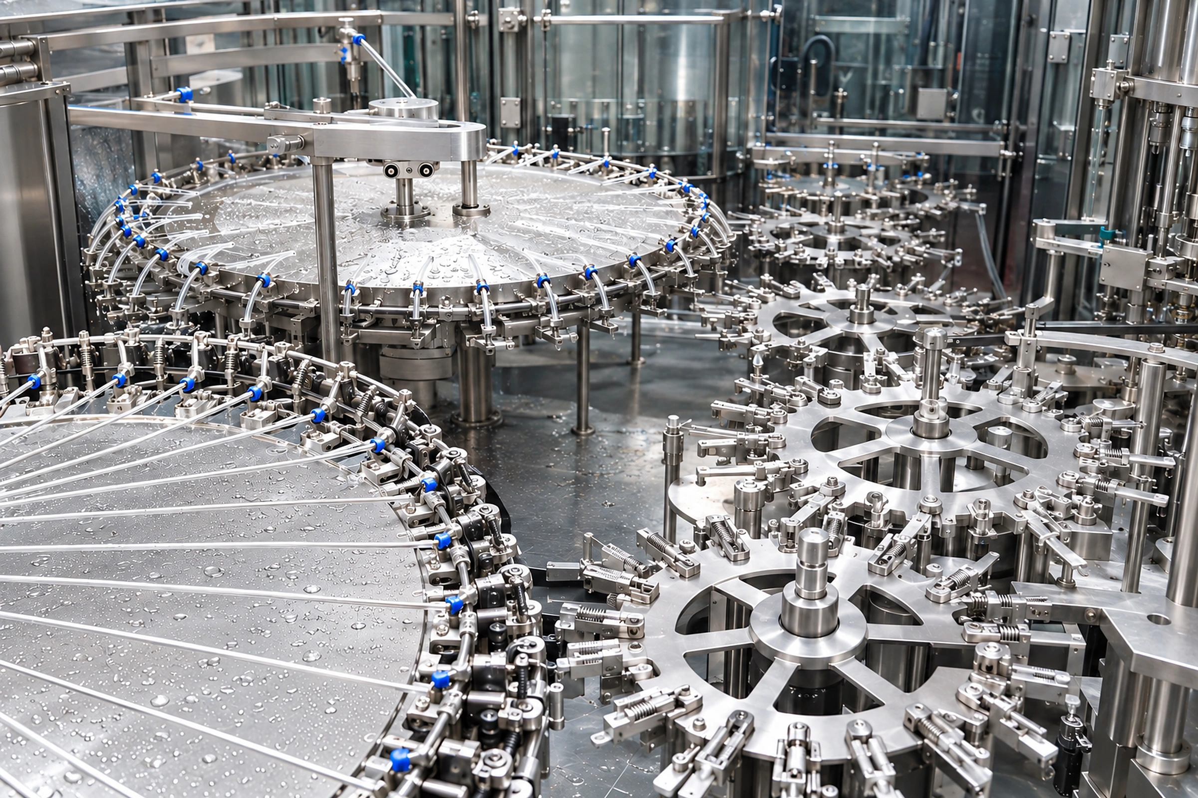 Stainless steel bottle rinsing and rotary transfer system inside an XGF water filling machine