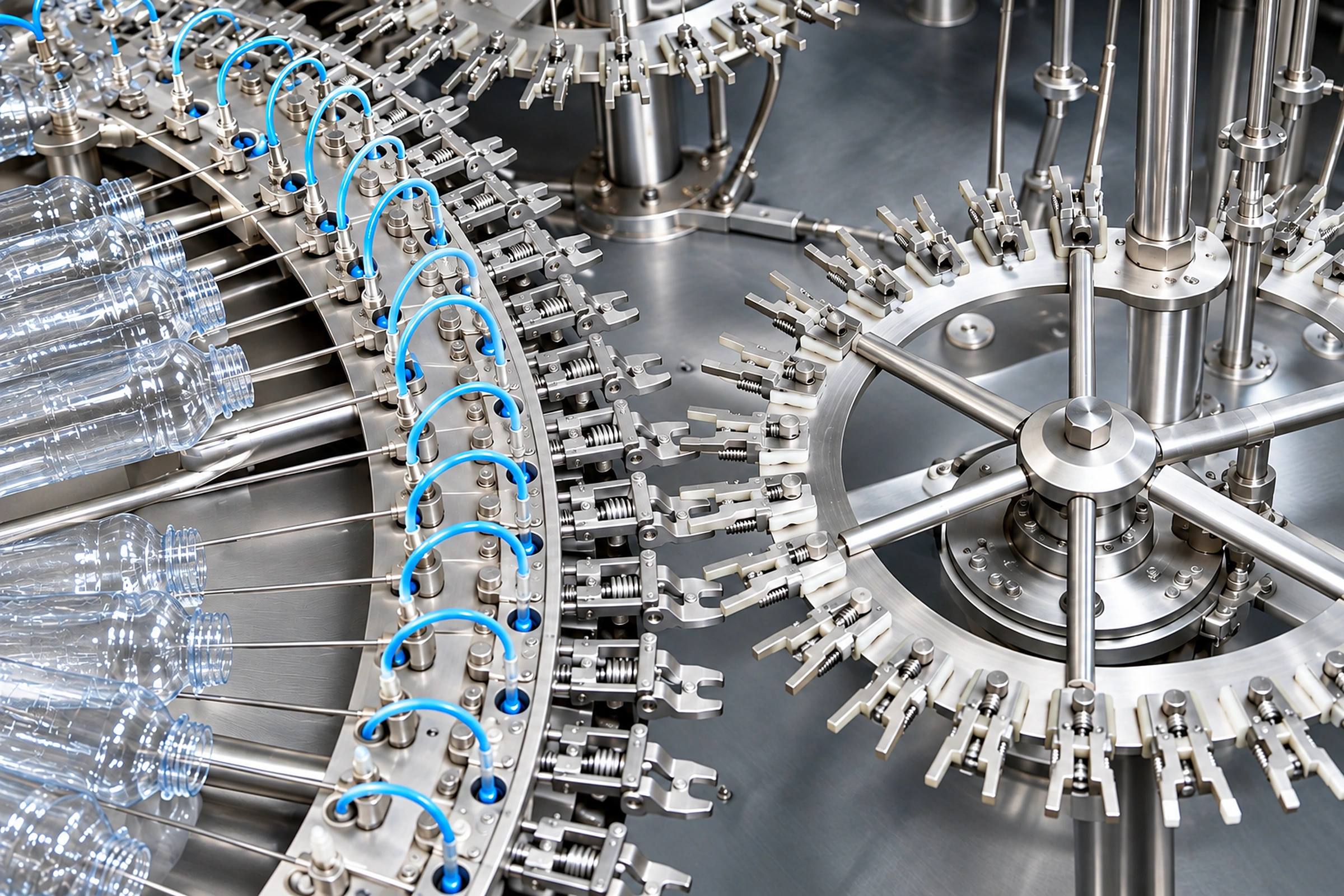 Rotary PET bottle handling mechanism with blue tubes inside an XGF water filling monoblock