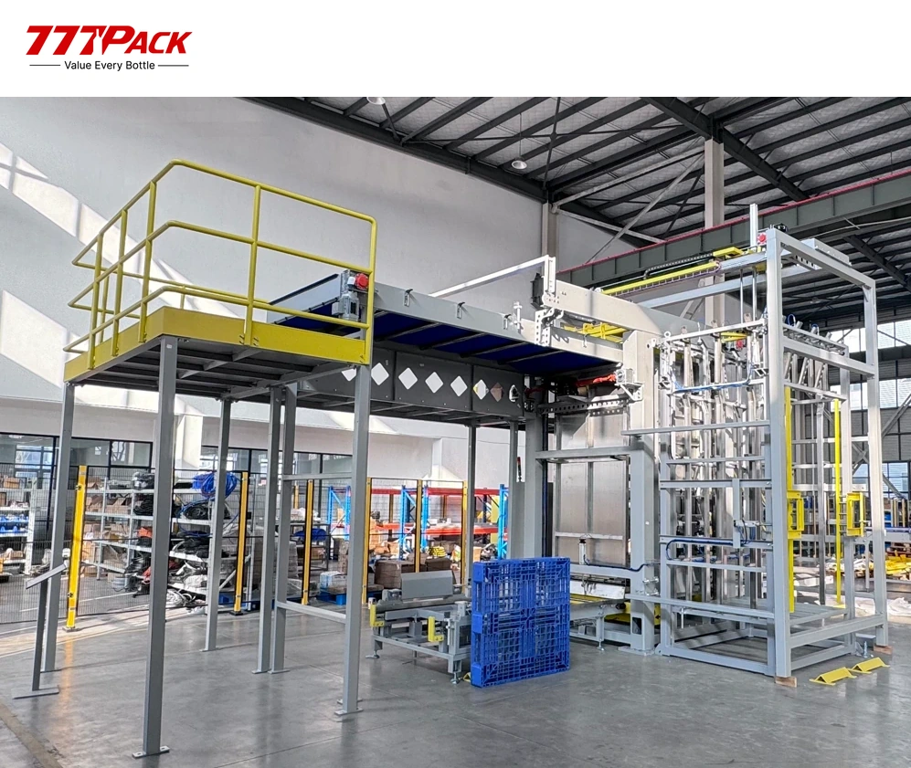 Automatic high-level can depalletizer with raised outfeed platform, pallet lift and operator access railings