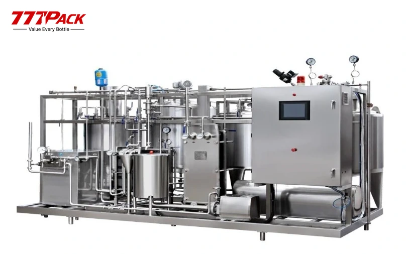 Beverage heat exchange skid with stainless-steel pipework and control cabinet