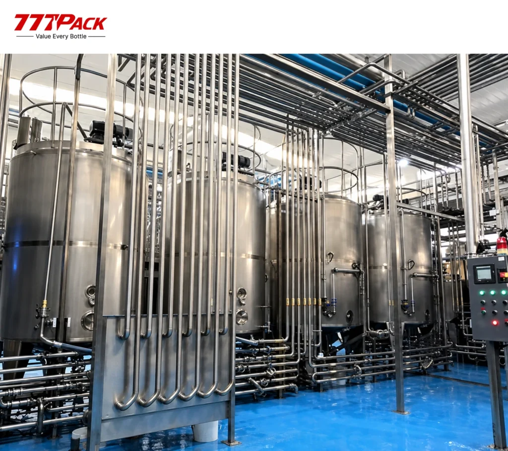 Stainless-steel beverage processing tanks and pipework in a production workshop