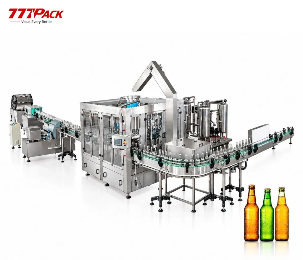BXGX glass bottle filling machine for beer and carbonated drinks with three beverage bottles at lower right