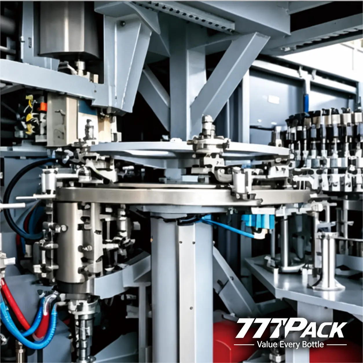 Rotary bottle transfer assembly inside the Blow-Fill-Cap Combi-Block