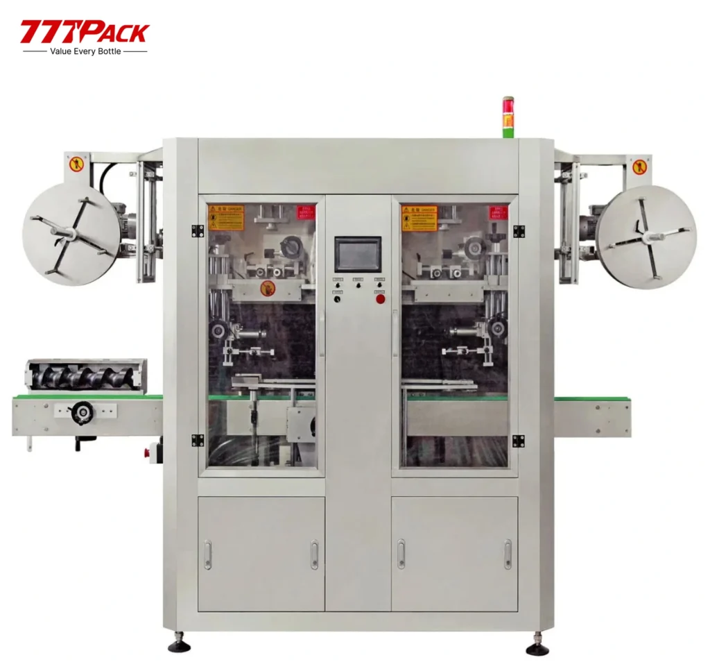 Double-head shrink sleeve labeling machine with model-specific sleeve-position configurations