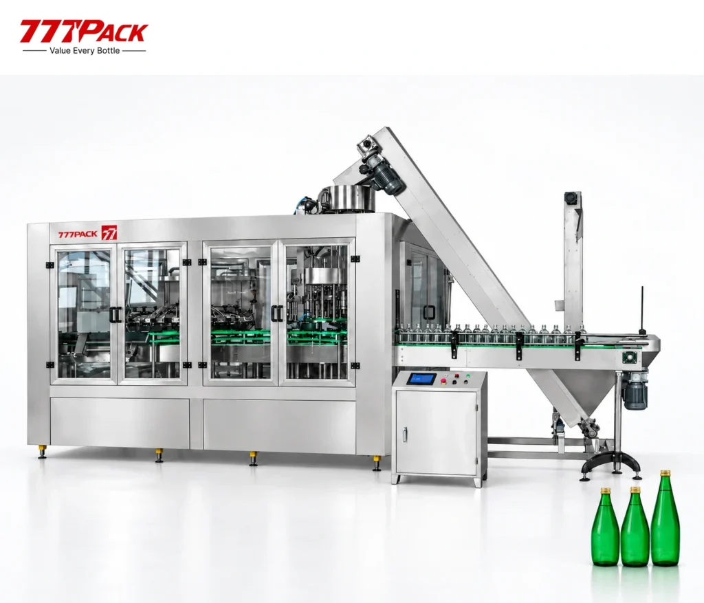 777Pack XGX glass bottle water filling machine with three green glass water bottles