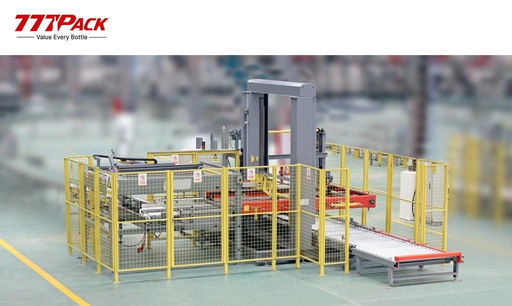 Automatic low-level gantry palletizer with pack infeed conveyor and pallet handling system
