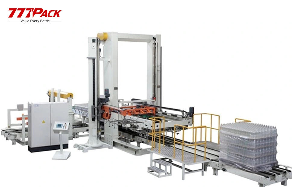 Automatic low-level glass bottle depalletizer with pallet infeed, lifting tower and bottle transfer conveyor