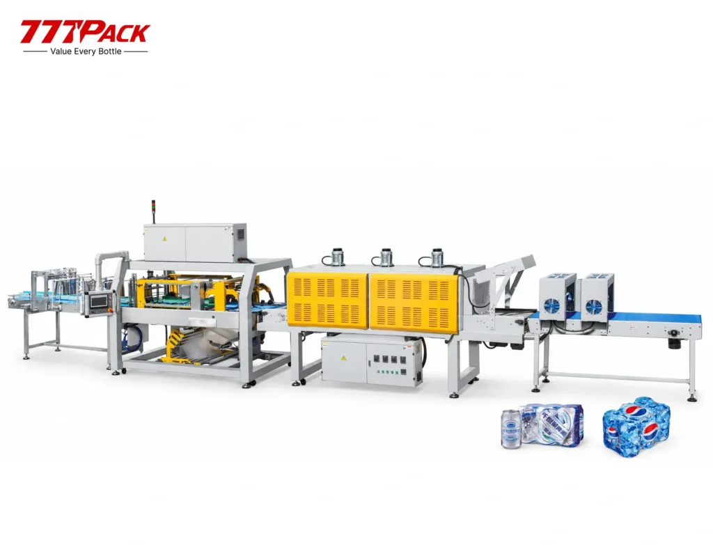 Automatic one-piece color film wrapping machine with printed-film registration and shrink tunnel