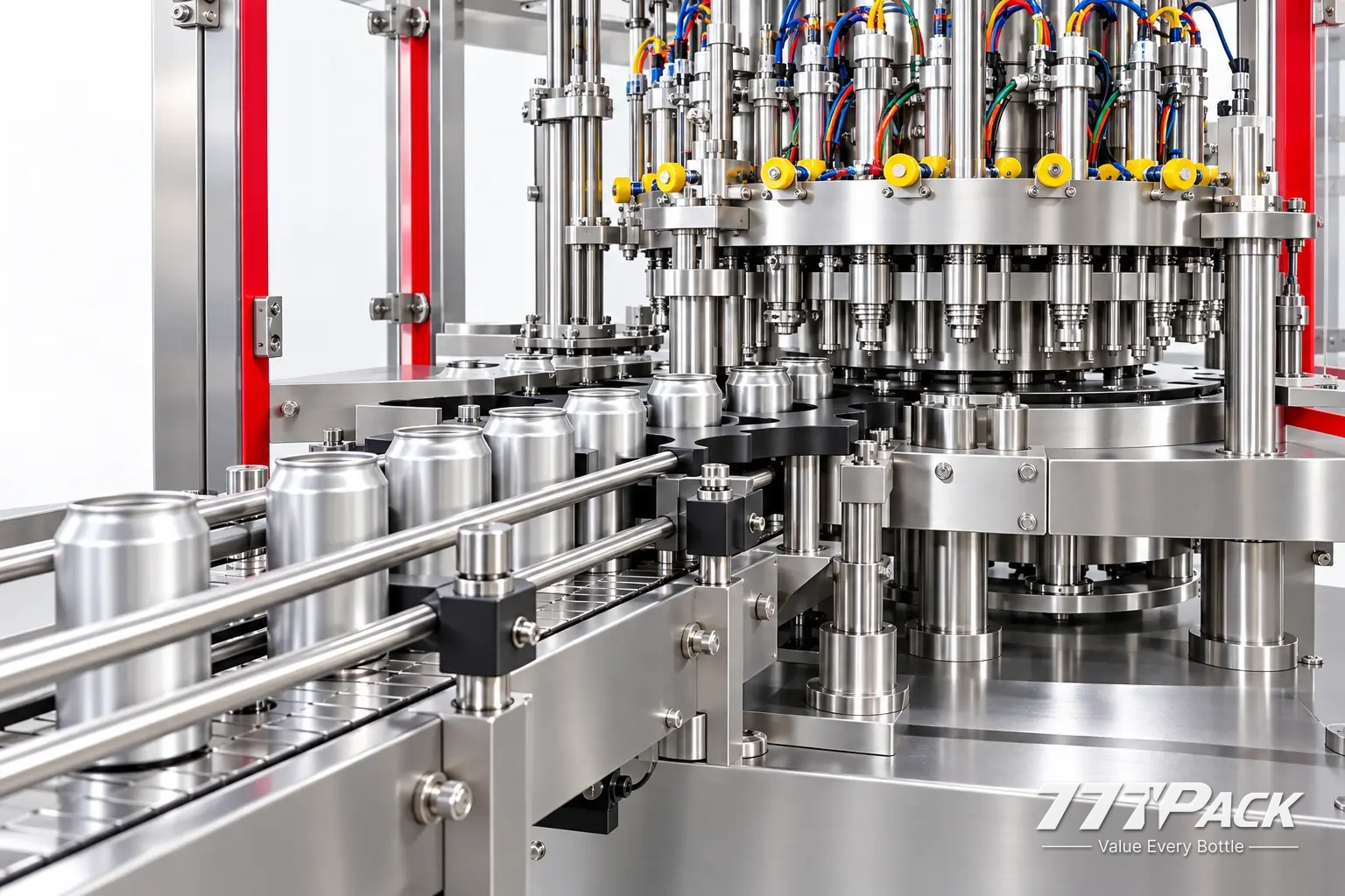 Aluminum beverage cans entering the TYLG filling machine by conveyor and starwheel
