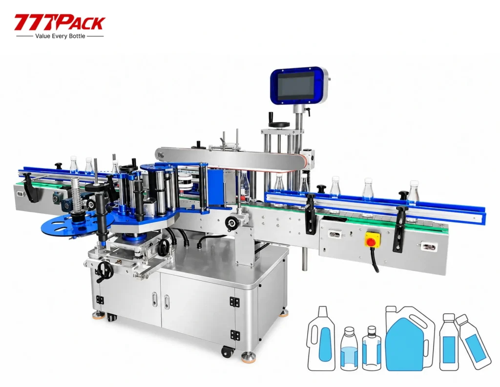 CY-020 automatic linear double-sided self-adhesive labeling machine with conveyor and bottle examples