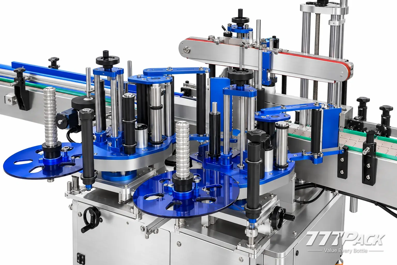 Three labeling stations and pressure rollers on the CY-030 linear labeling machine