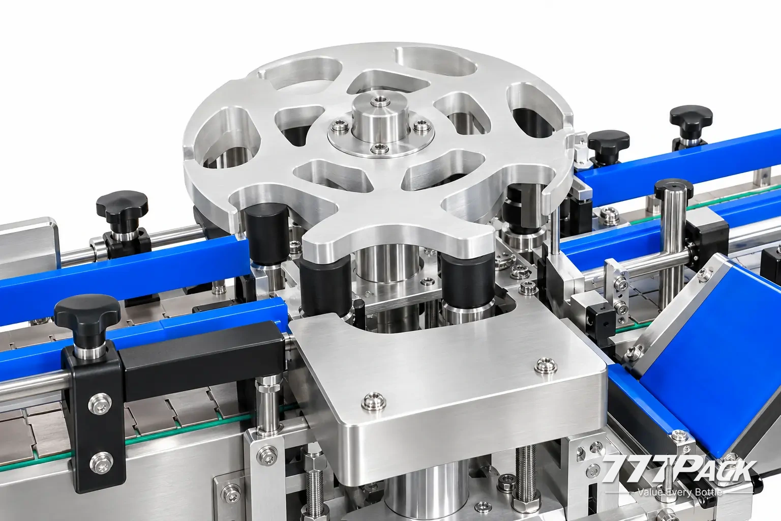 Rolling star-wheel bottle handling mechanism on the CY-060 labeling machine