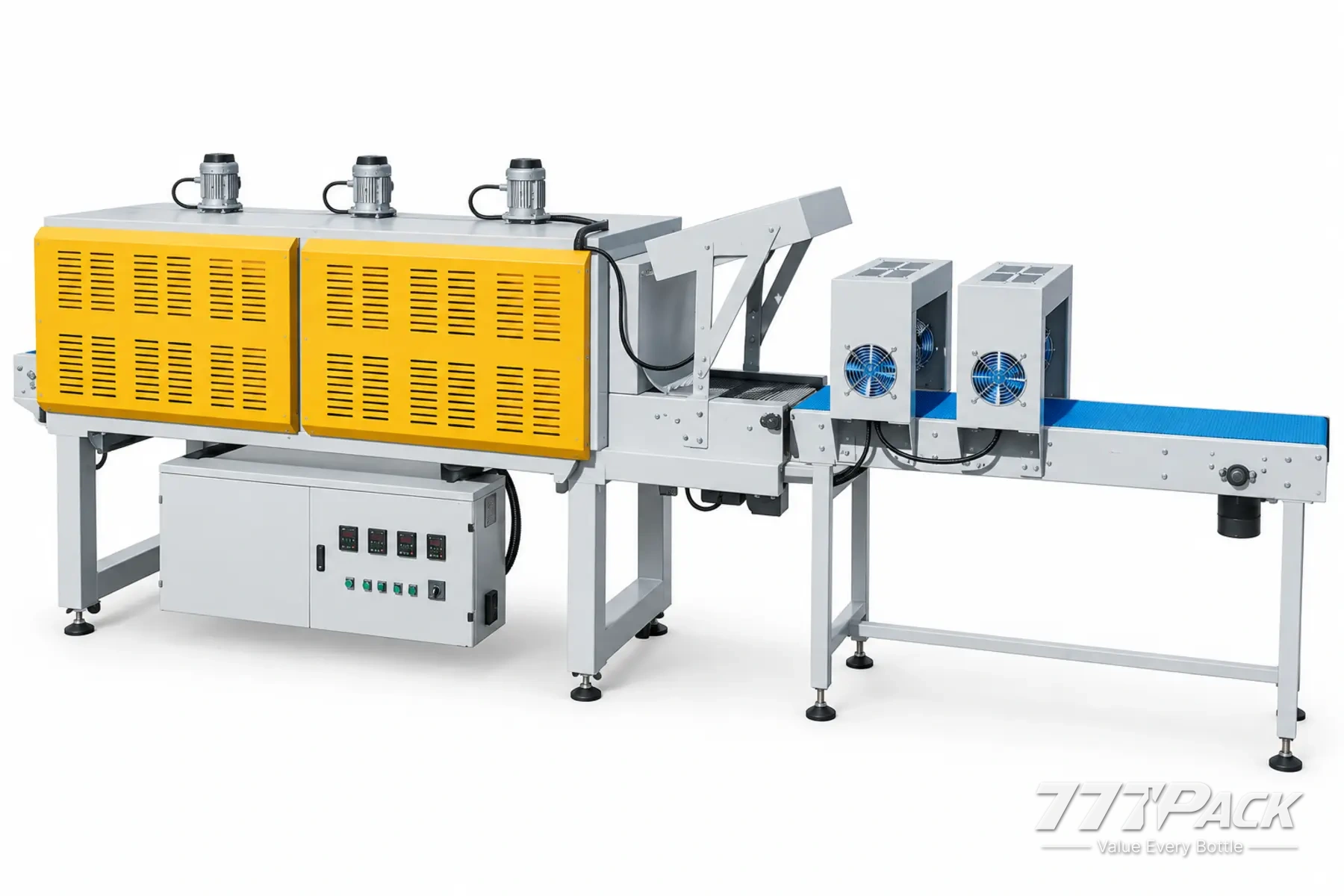 Shrink tunnel, cooling fans and discharge conveyor of automatic color film wrapping machine